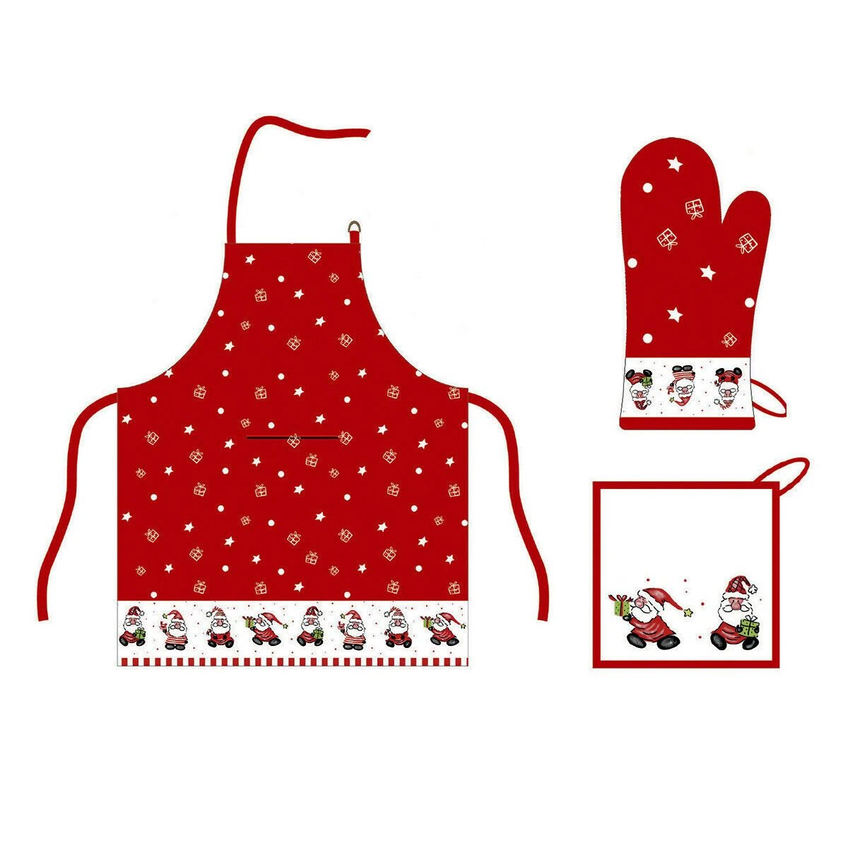 Set Grembiule + Guanto + Presina Natalizio Babbolo Con Gnomi In Puro Cotone Z829 3 Set Grembiule + Guanto + Presina Natalizio Babbolo Con Gnomi In Puro Cotone Z829