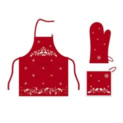 Set Grembiule + Guanto + Presina Natalizio Holly In Puro Cotone Z838
