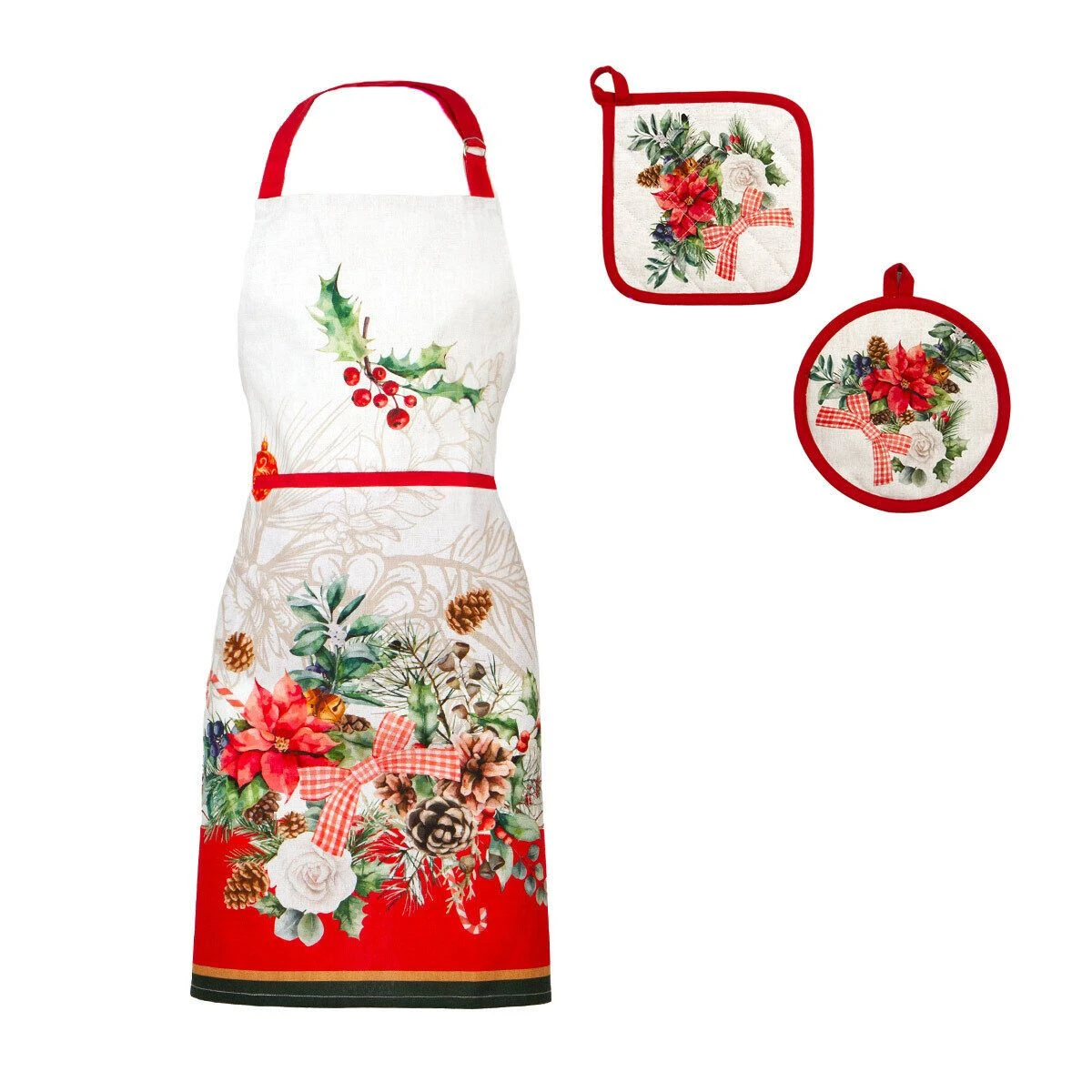 Set Grembiule + 2 Presine Natalizio Felisia In Puro Cotone X045 3 Set Grembiule + 2 Presine Natalizio Felisia In Puro Cotone X045
