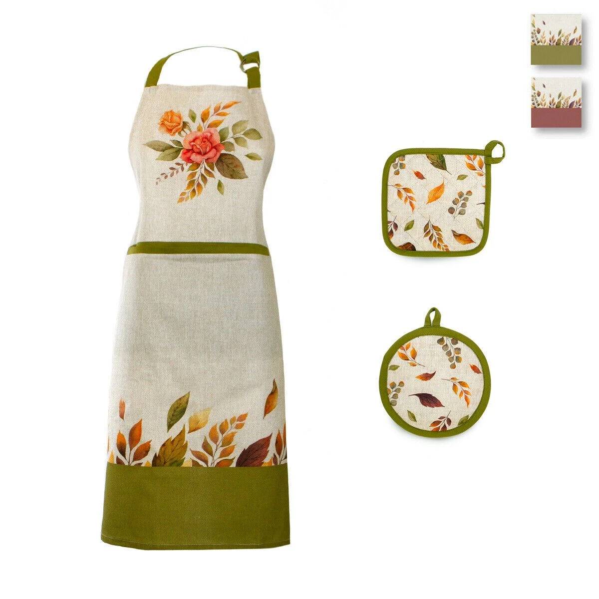 Set Grembiule + Presine Margaret In Puro Cotone Con Stampa Digitale W488 3 Set Grembiule + Presine Margaret In Puro Cotone Con Stampa Digitale W488
